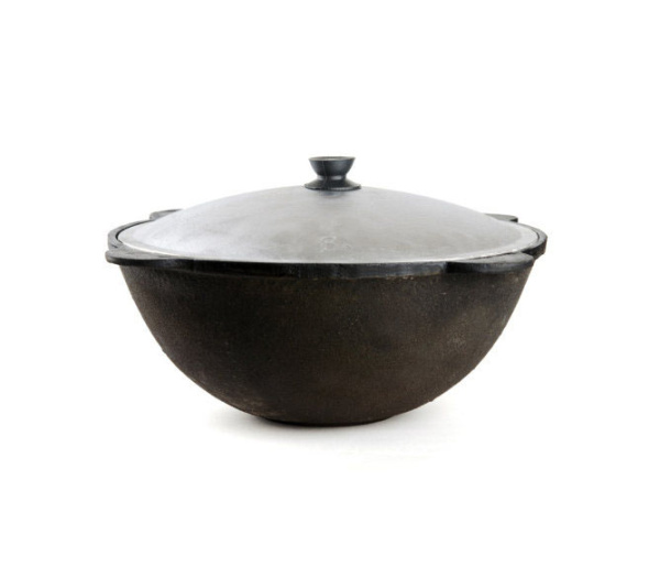 Казан узбекский чугунный 12л круглое дно с алюминиевой крышкой